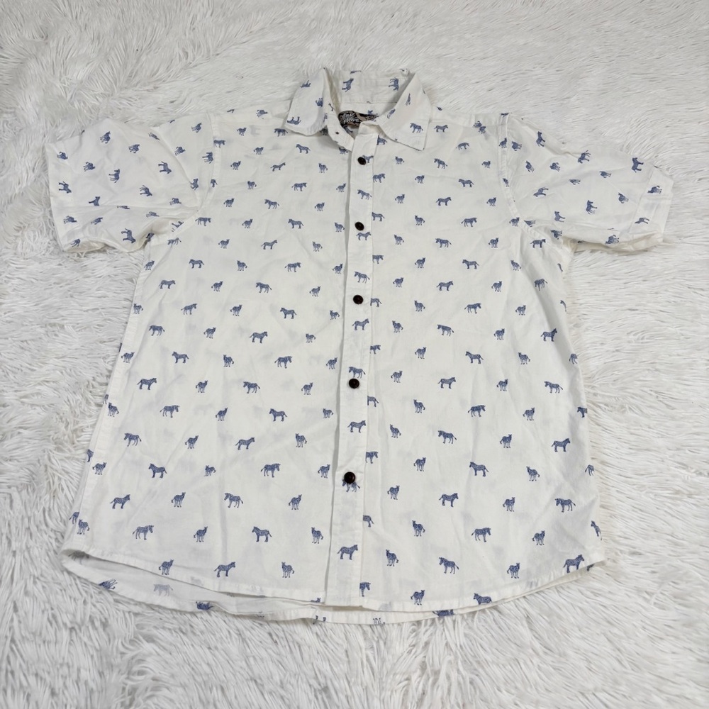 First Wave boy's short sleeve White Button-Up Shirt with Blue Zebra Print